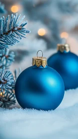 Frosted blue ornaments resting in soft winter snow glow.