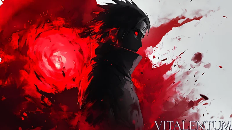Dark ninja silhouette erupts from swirling crimson energy.