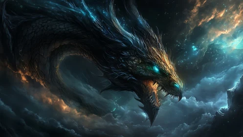 Celestial dragon coils through stormlit skies and glowing stars