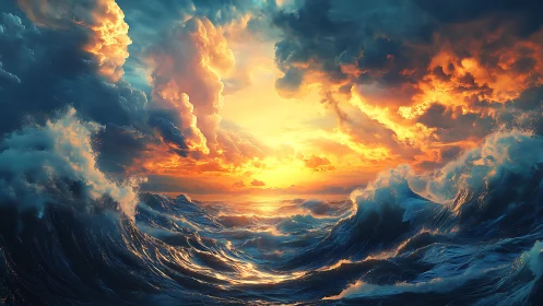 Stormy digital ocean waves frame vivid sunset horizon