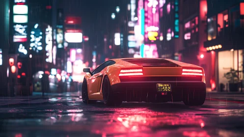 Yellow sports car is parked on wet neon street at night