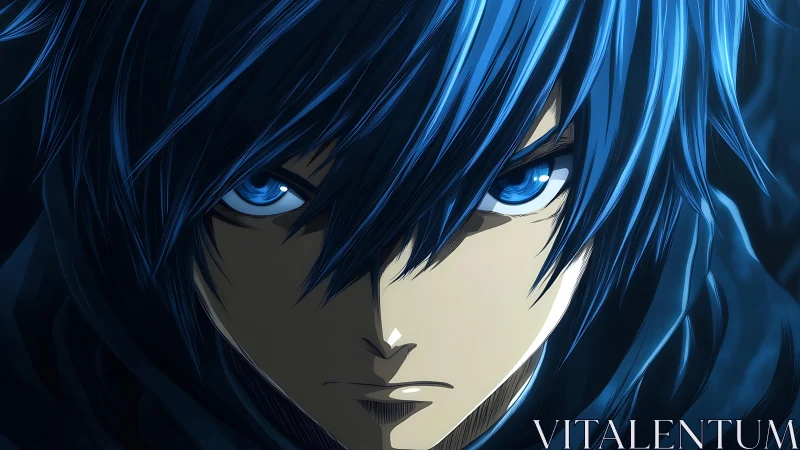 Intense blue haired anime hero meets the viewer’s steady gaze