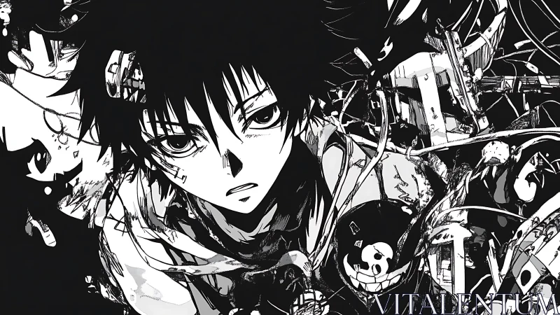 Intense monochrome anime boy in chaotic abstract scene.