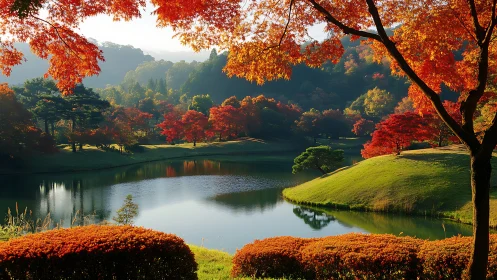 Autumnal lakeside landscape with high-saturation foliage and soft backlighting