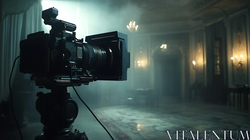 Cinema camera on tripod frames misty baroque interior