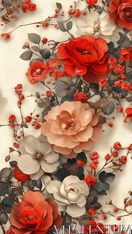 Red and Cream Floral Arrangement Against Neutral Background.