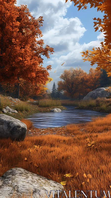 Autumn creek winding through vivid copper forest floor.