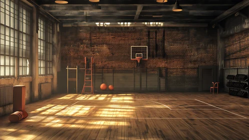 Sunlit vintage gymnasium with worn court and brick walls.