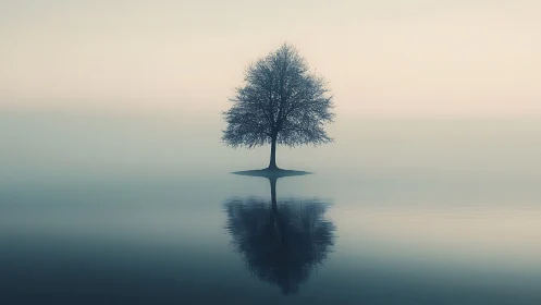 Solitary lakeside tree mirrored in tranquil misty water.