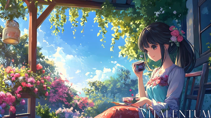 Girl enjoys tranquil tea under bright flowering veranda.