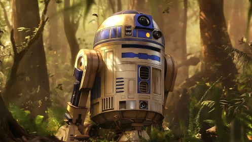 Wandering forest droid hums through shafts of alien sunlight.