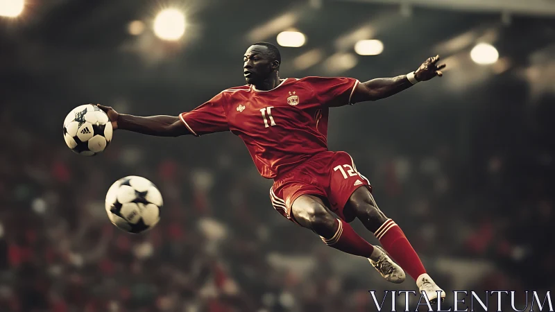 Photorealistic wide shot of dynamic midair soccer volley action.