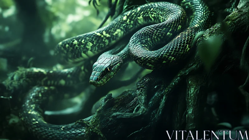 Emerald jungle serpent coiled in mossy twilight watchfulness.