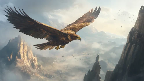 Majestic Eagle Soaring Over Misty Mountains in Realistic Art Style.