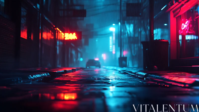 Neon-lit rainy alley recedes into depth with cinematic bokeh