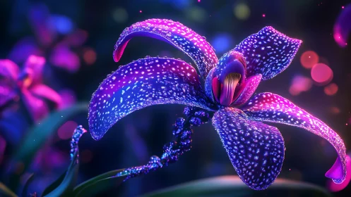 Glowing galaxy orchid blooming in soft neon night colors.