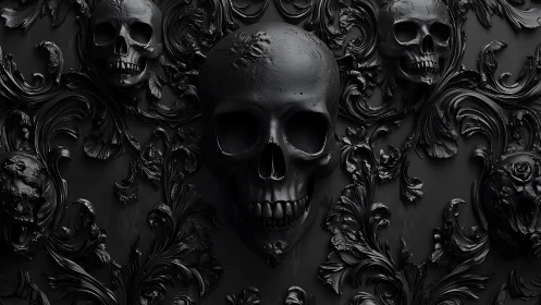 Ornate black skull relief with symmetrical baroque elements.