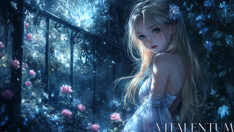 Moonlit rose garden muse in luminous blue enchantment.