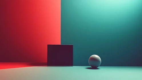 Geometric duet in neon calm, where cube meets wandering sphere.