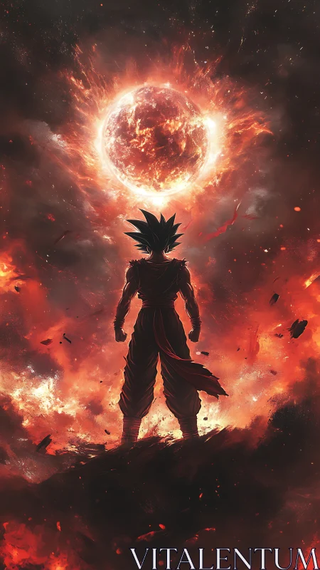 Silhouetted warrior under burning celestial firestorm.