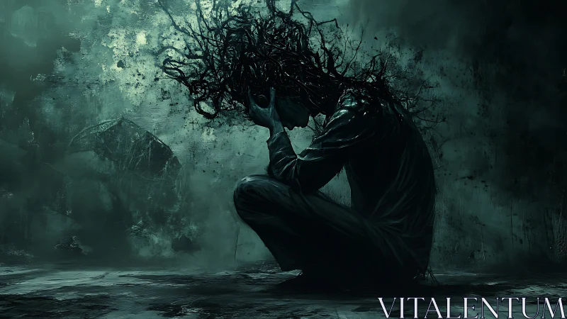 Solitary figure with tangled head in dark abstract space.