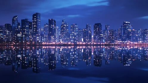 Midnight waterfront skyline with luminous city reflection.