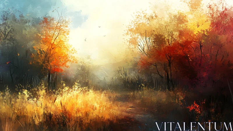 Autumn forest clearing glowing in soft atmospheric light.