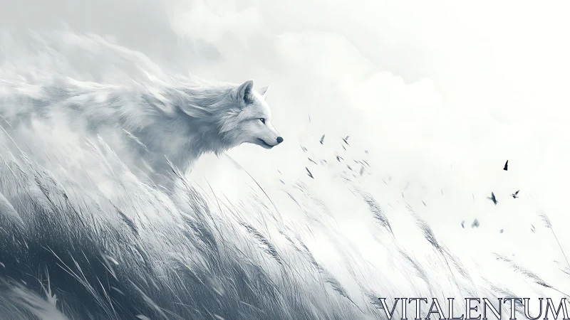 Ethereal white wolf dissolving into wind and high grass.