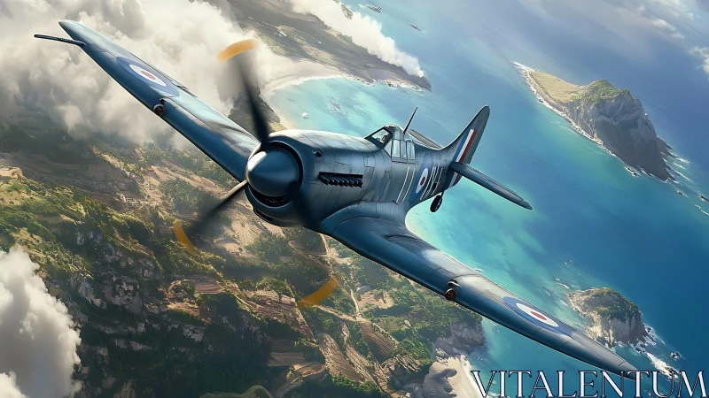 British fighter plane banking over sunlit tropical coastline.