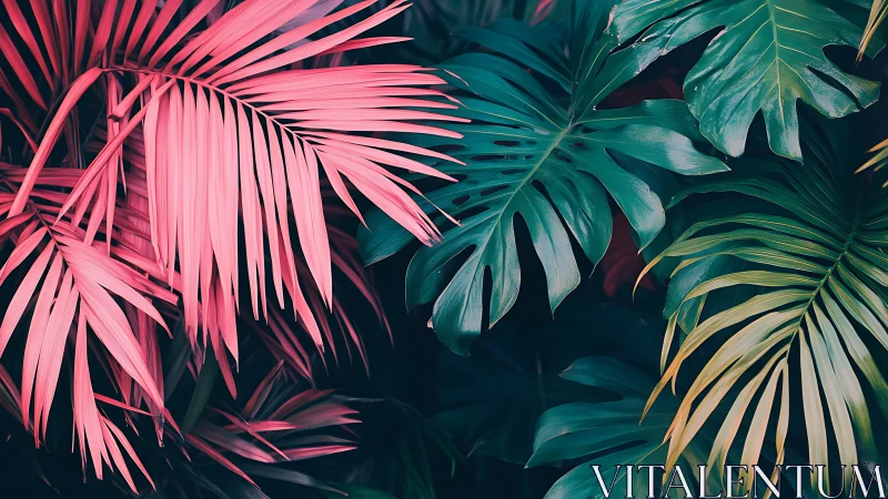 Dreamy pink and teal tropical leaves in cozy harmony.