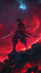 Dark samurai stands over burning chasm under storm sky
