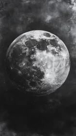 Detailed monochrome moon against dark textured space background.