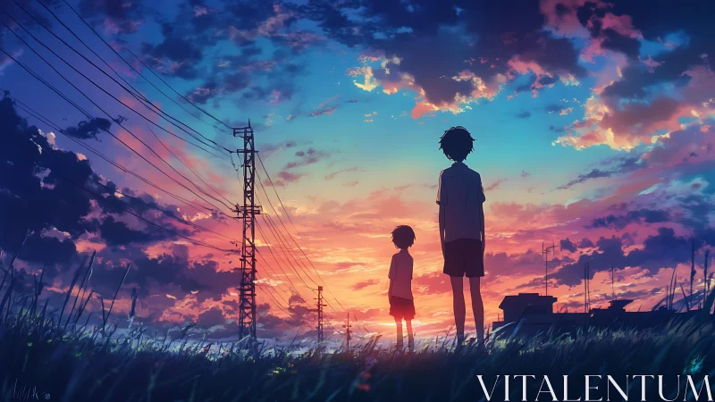 Anime sunset field with two silhouetted children gazing skyward.