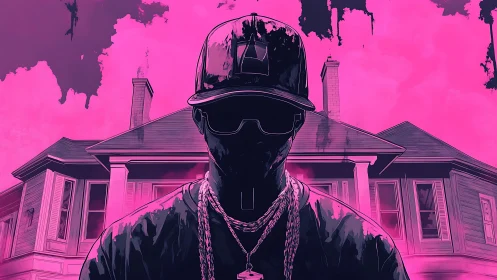 Neon magenta silhouette rapper before suburban gabled house.
