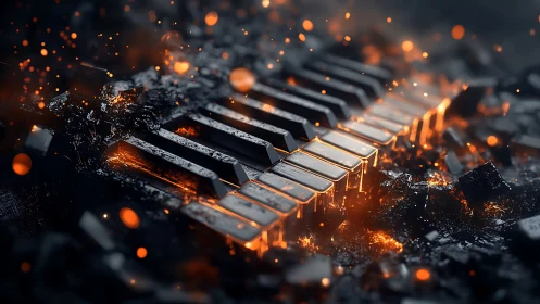 Molten piano keyboard rendered with high contrast volumetric embers