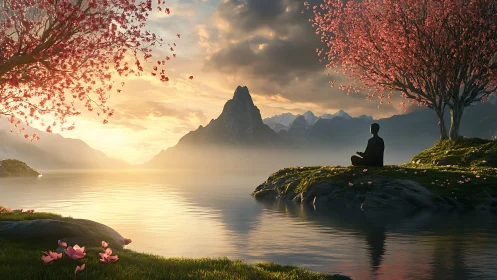 Meditating silhouettes cradle dawn between cherry blossom shores