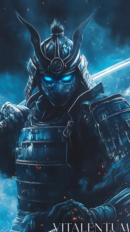 Spectral cyber-samurai in luminescent armor and ember haze.