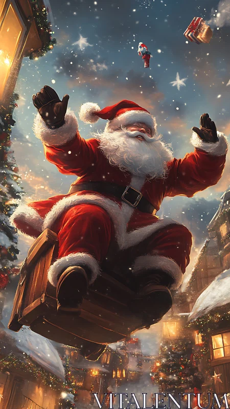 Santa soars joyfully above a glowing snowy Christmas town