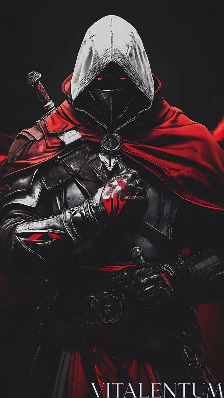 Hooded dark knight in red cloak gripping glowing heart emblem.