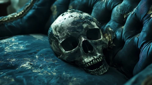 Weathered human skull on decayed teal velvet sofa cushion.