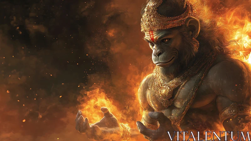 Fire-wreathed monkey god studies molten power in his hands