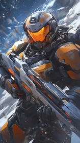 Armored exosuit marksman with orange visor in icy firefight