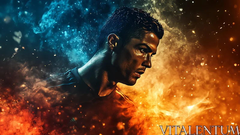 Profile of male athlete rendered amid blue and orange smoke