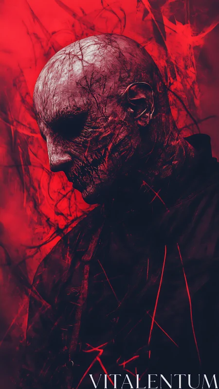 Scarred crimson phantom bows into the smoke of his own rage