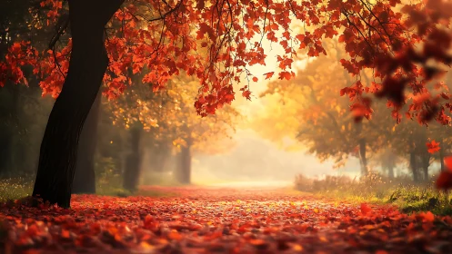 Autumn canopy framing misty forest path with warm bokeh.