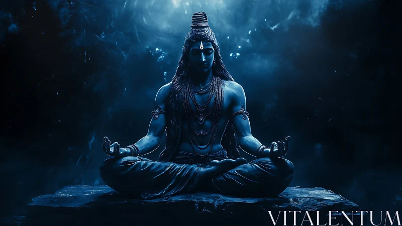Meditating blue deity figure on stone ledge in nocturnal haze