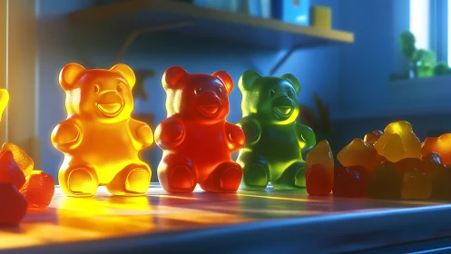 Translucent gummy bear figurines with colored light illumination