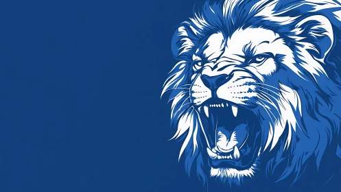 Roaring lion head illustration on solid blue background.