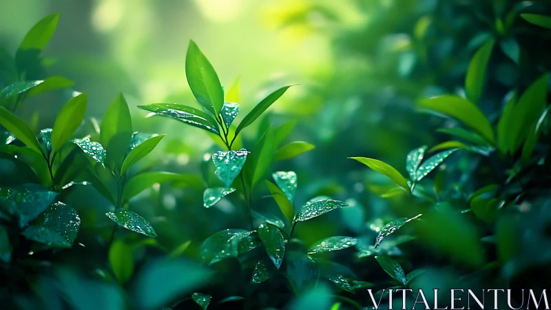 Dew-covered green leaves in soft morning forest light.
