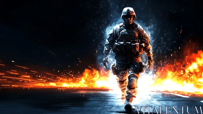 Combat soldier strides through firestorm battlefield scene.